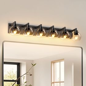 Farmhouse Bathroom Vanity Light Fixtures, 6-Light Bathroom Light Fixtures Over Mirror, Rustic Sconces Wall Lighting with Glass Shade for Living R