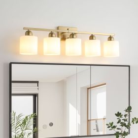 Gold Bathroom Light Fixtures, 5-Light Modern Vanity Light Over Mirror, Wall Sconces with Milky White Frosted Glass Shades