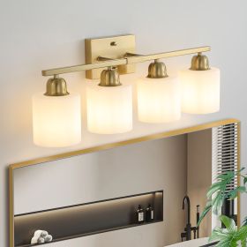 Gold Bathroom Light Fixtures, 4-Light Modern Vanity Light Over Mirror, Wall Sconces with Milky White Frosted Glass Shades