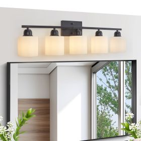 Black Bathroom Light Fixtures, 5-Light Modern Vanity Light Over Mirror, Wall Sconces with Milky White Frosted Glass Shades