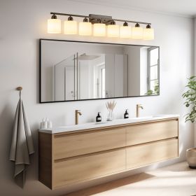 8-Light Bathroom Light Fixtures Over Mirror, 52inch Modern Matte Black Vanity Lights with White Frosted Glass Shade
