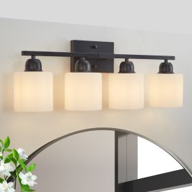 Black Bathroom Light Fixtures, 4-Light Modern Vanity Light Over Mirror, Wall Sconces with Milky White Frosted Glass Shades (Color: Black, Material: Iron)