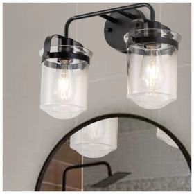 2-Light with Clear Glass Shade, Modern Sconce, Industrial Indoor Light Fixture for Bathroom Living Room Bedroom Over Kitchen Sink, E26 Socket (Main Color: Black, Main Material: Metal)